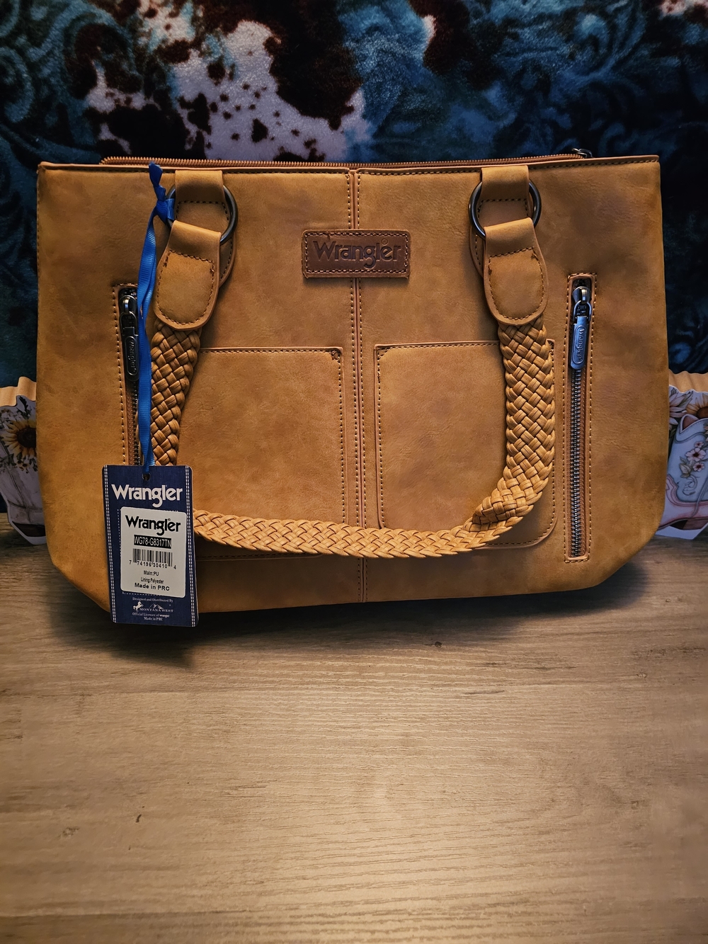 Wrangler Tan Braided-Handle Tote with Front Zip Pockets and Concealed Carry